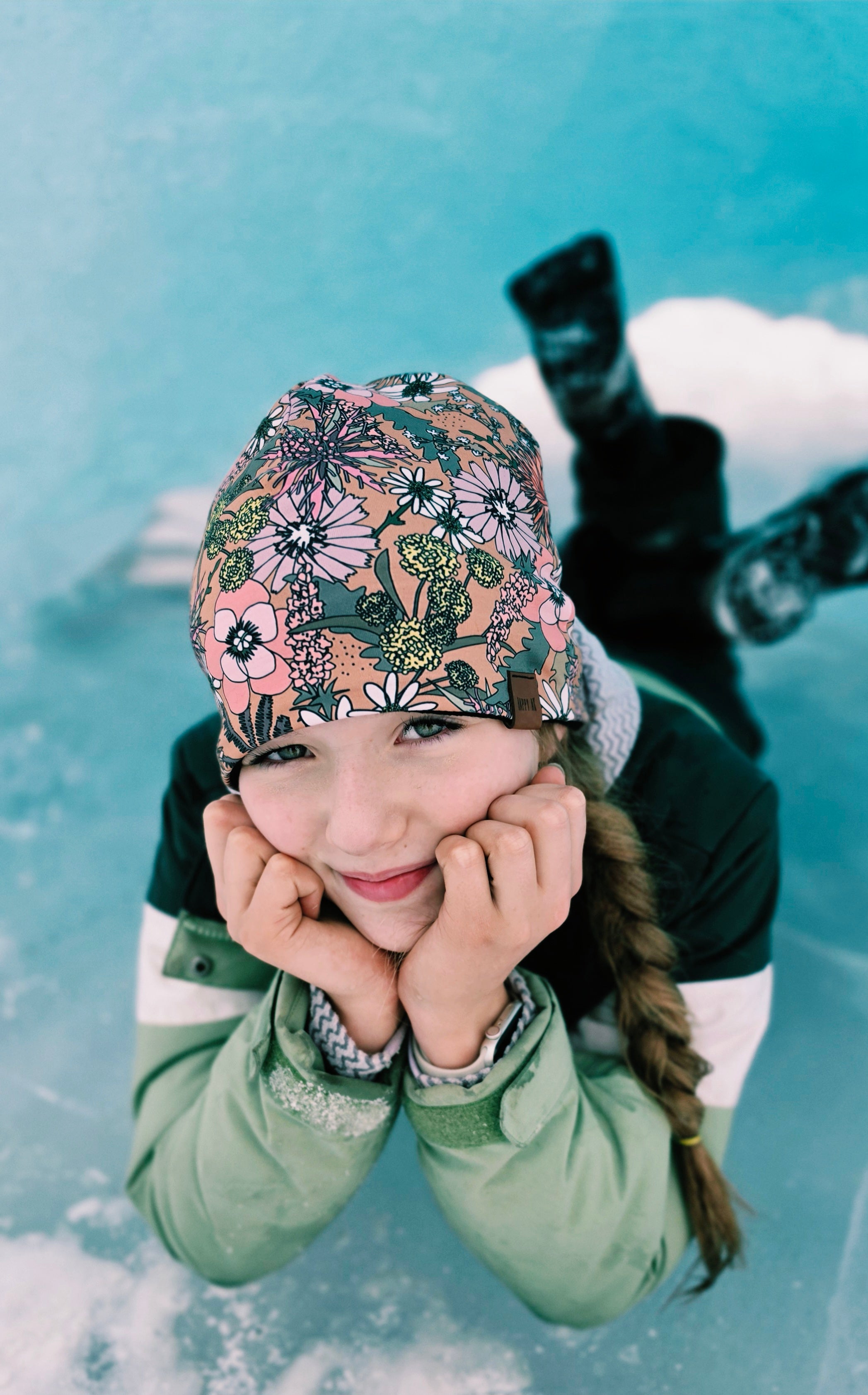 "Flowers on Taupe" Merino Wool Beanie