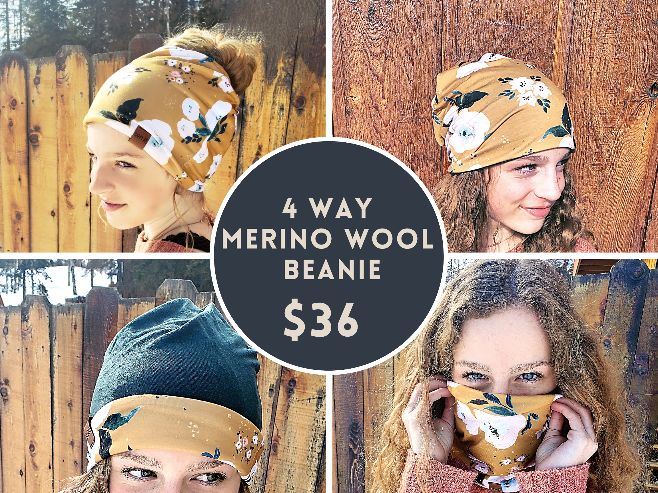 "Brown Watercolor Mtns" 4 Way Wool Lined Beanie