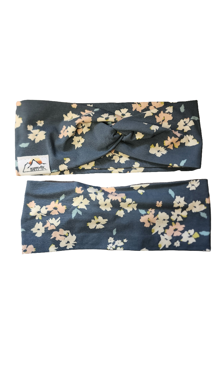 "Flowers on Grey" Twist Headband