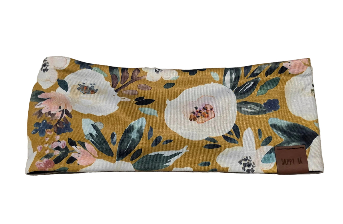 "Mustard Floral" Merino Wool Lined Headband