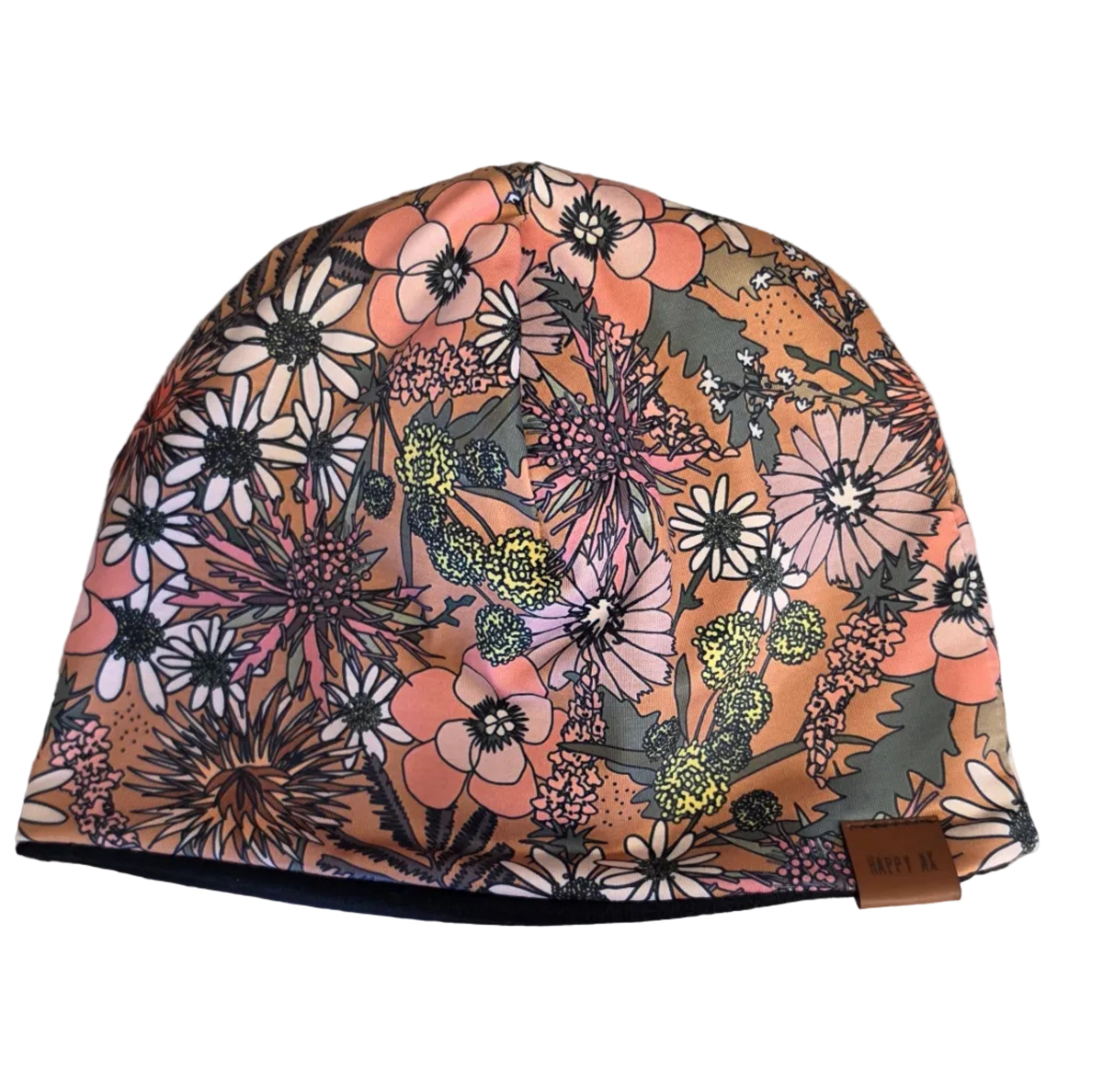 "Flowers on Taupe" Merino Wool Beanie