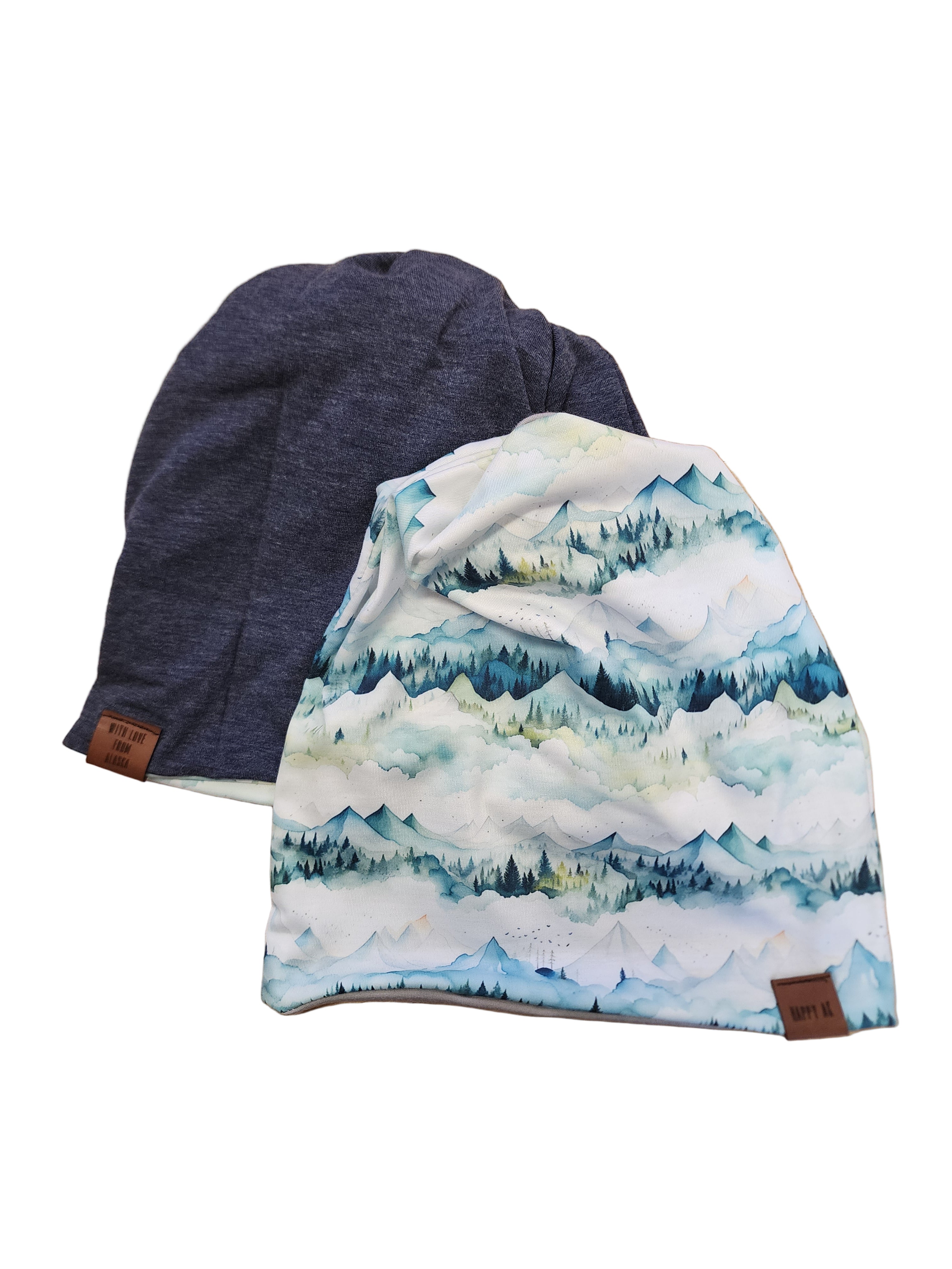 "Green Watercolor Mountains" 4 Way Wool Lined Beanies