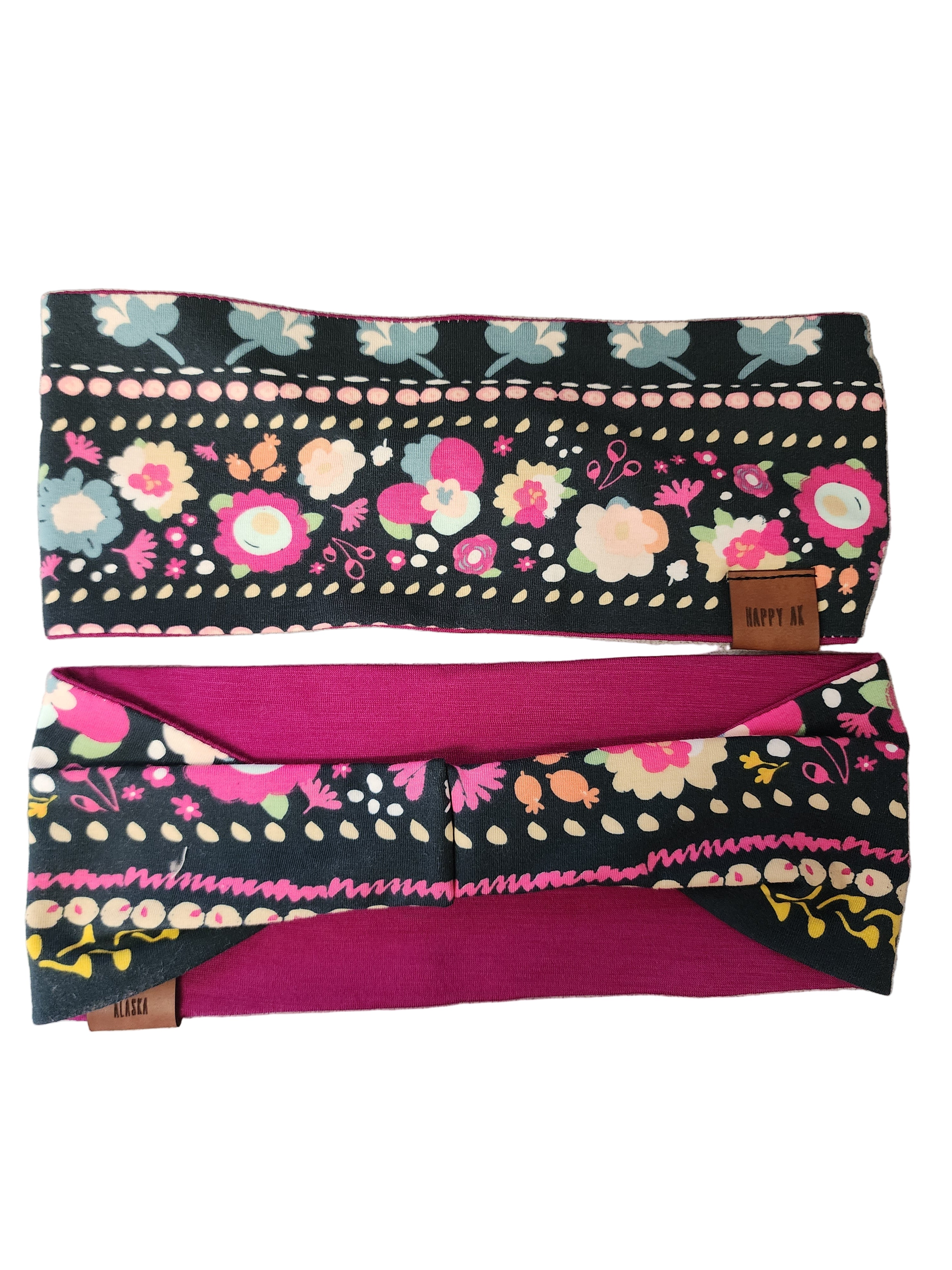 "Green & Fuscia Floral" Merino Wool Lined Headband