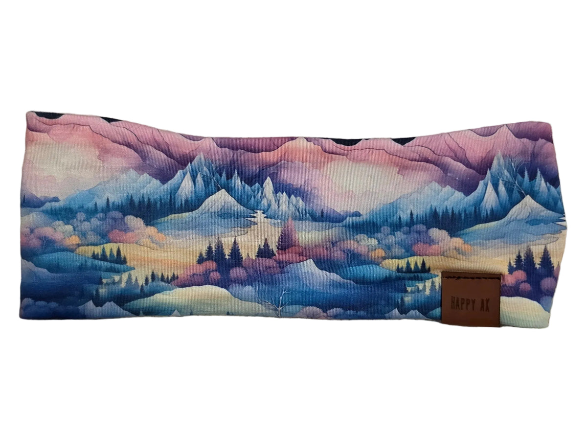 "Pink Watercolor Scene" Merino Wool Lined Headband