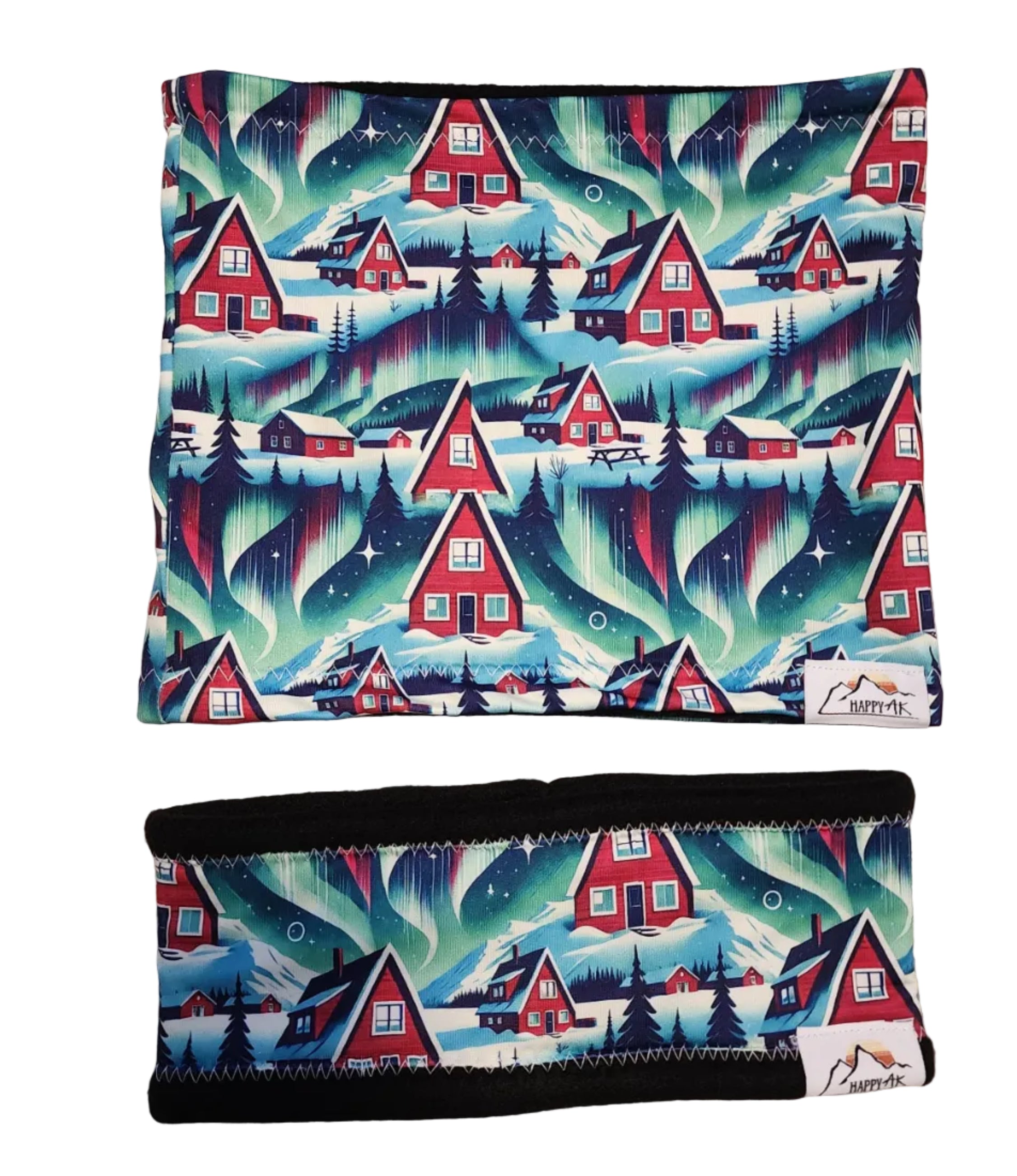 "Red Cabin Aurora" Fleece Headband | Fleece Neck Warmer